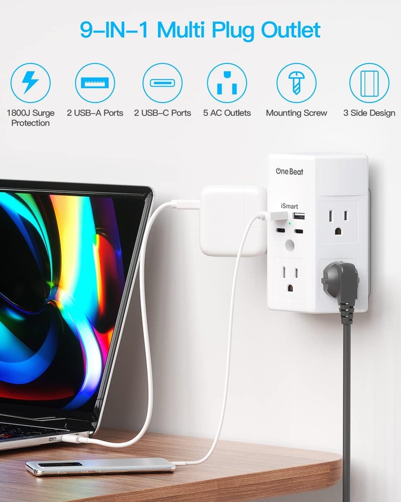 One Beat 2 Pack Multi Plug Outlet, Surge Protector, 5 Outlet Extender with 4 USB Charging Ports (2 USB C), USB Wall Charger, 3-Sided 1800J Power Strip Outlets Splitter Wall Plug Adapter Spaced for Home Office - Image 2